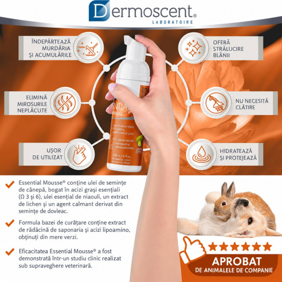 Dermoscent Essential Mousse – Spumă de Curățare fără Clătire pentru Câini – 150 ml